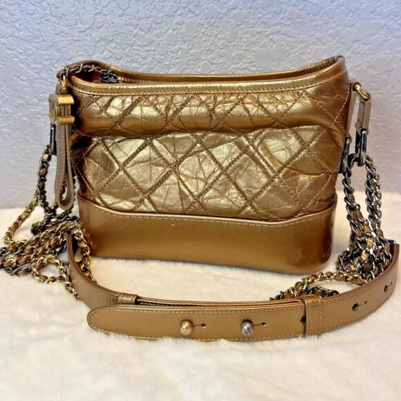 CHANEL Small Gabrielle Hobo Shoulder Bag Quilted Gold Calfskin Leather Authentic - Picture 2 of 9